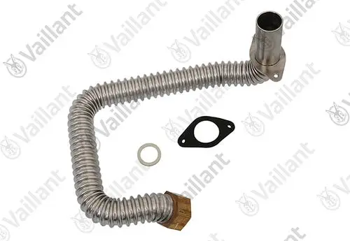 Vaillant Gasrohr mit gewelltem Design, einer flachen Dichtung und einer Verbindungsmutter. Bestandteil eines Gasleitungssystems.
